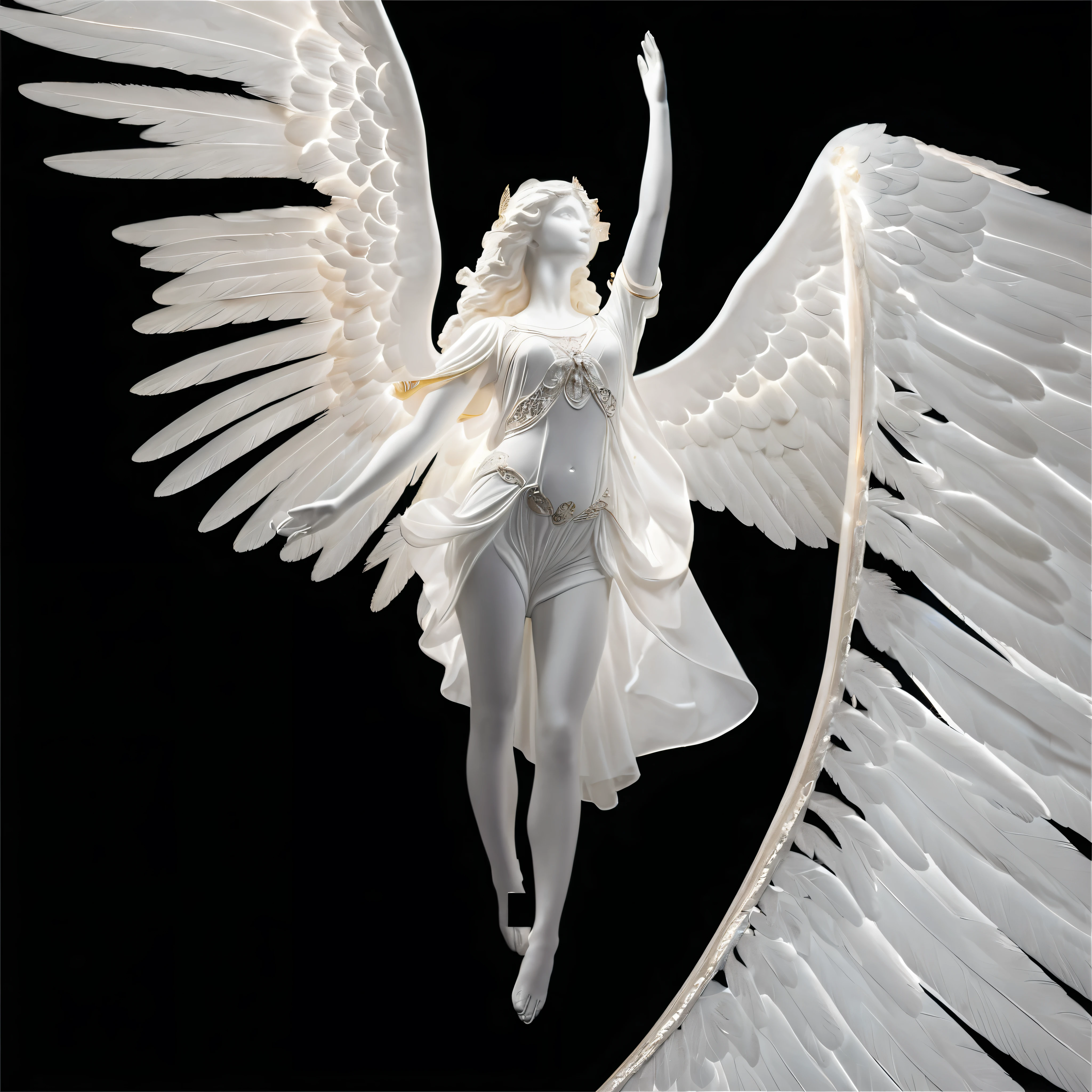 white bright glowing angel on black background, flying pose, right hand above head, right hand toward sky, right hand up, beautiful woman angel, flat statue face, mannequin face, ascending, hand toward sky, one hand up, angelic pose, angel wings facing bottom, ascending wing pose, very big wings, giant angel wings on closeup, closeup angel wings, angel is light source, over exposured angel, masterpiece photo, photorealism, detailed angel wings, real hands, fix hands
