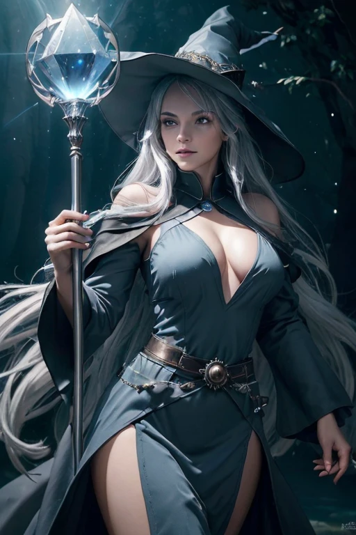 (master piece:1.8), (best quality:1.8), (exquisite lighting and shadow, highly dramatic picture, cinematic lens effect) 8k, wallpaper, looking at the viewer, female long silver hair waving in the air dark fantasy young witch lady wearing a futuristic dark gray large tunic with white ornaments and very long tunic sleeves, large dress with white ornaments, white lines in dress, with a big gray pointy magician hat with a big blue gem in the center, holding a middle magic staff, thin waist, notorious hips, serious look in the eyes, beautiful eyes, beautiful lips, blue shiny energy lake background, blue glowing mist behind, blue stars, blue energy flying spots behind, ethereal lightning, sharp focus
