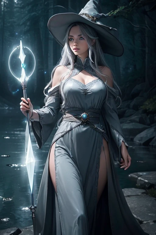 (master piece:1.8), (best quality:1.8), (exquisite lighting and shadow, highly dramatic picture, cinematic lens effect) 8k, wallpaper, looking at the viewer, female long silver hair waving in the air dark fantasy young witch lady wearing a futuristic dark gray large tunic with white ornaments and very long tunic sleeves, large dress with white ornaments, white lines in dress, with a big gray pointy magician hat with a big blue gem in the center, holding a middle magic staff, thin waist, notorious hips, serious look in the eyes, beautiful eyes, beautiful lips, blue shiny energy lake background, blue glowing mist behind, blue stars, blue energy flying spots behind, ethereal lightning, sharp focus
