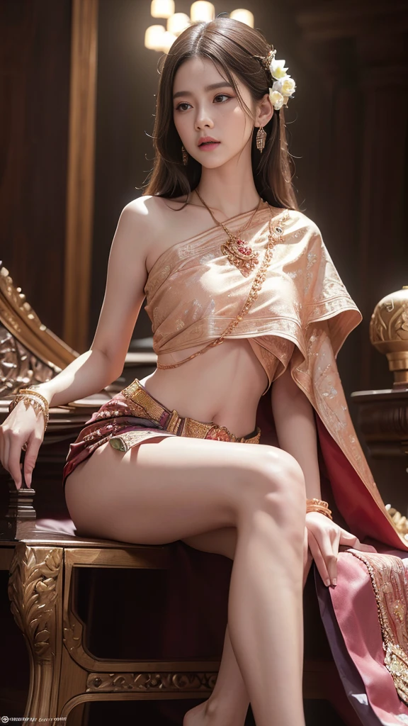(raw photos:1.2), (realistic:1.4), (Masterpiece:1.3), (best quality:1.4), Ultra high resolution, (Detailed eyes), (Detailed facial features), (Detailed clothing features), HDR, 8K resolution, Focus only, Dressing according to Thai tradition, Traditional shawl , 1 woman , big breasts, A gigantic rift, big breastsดันเสื้อผ้า, big breast, Breasts are fully grown., Make your breasts bigger.., small waist, Long legs, Facing the audience, Full body, depth of field, Cinema-grade lighting system, big breasts, too big for your body, Showing a flat stomach, The lower half of the breast is visible., Sexy sitting position, Picture from a very low angle
