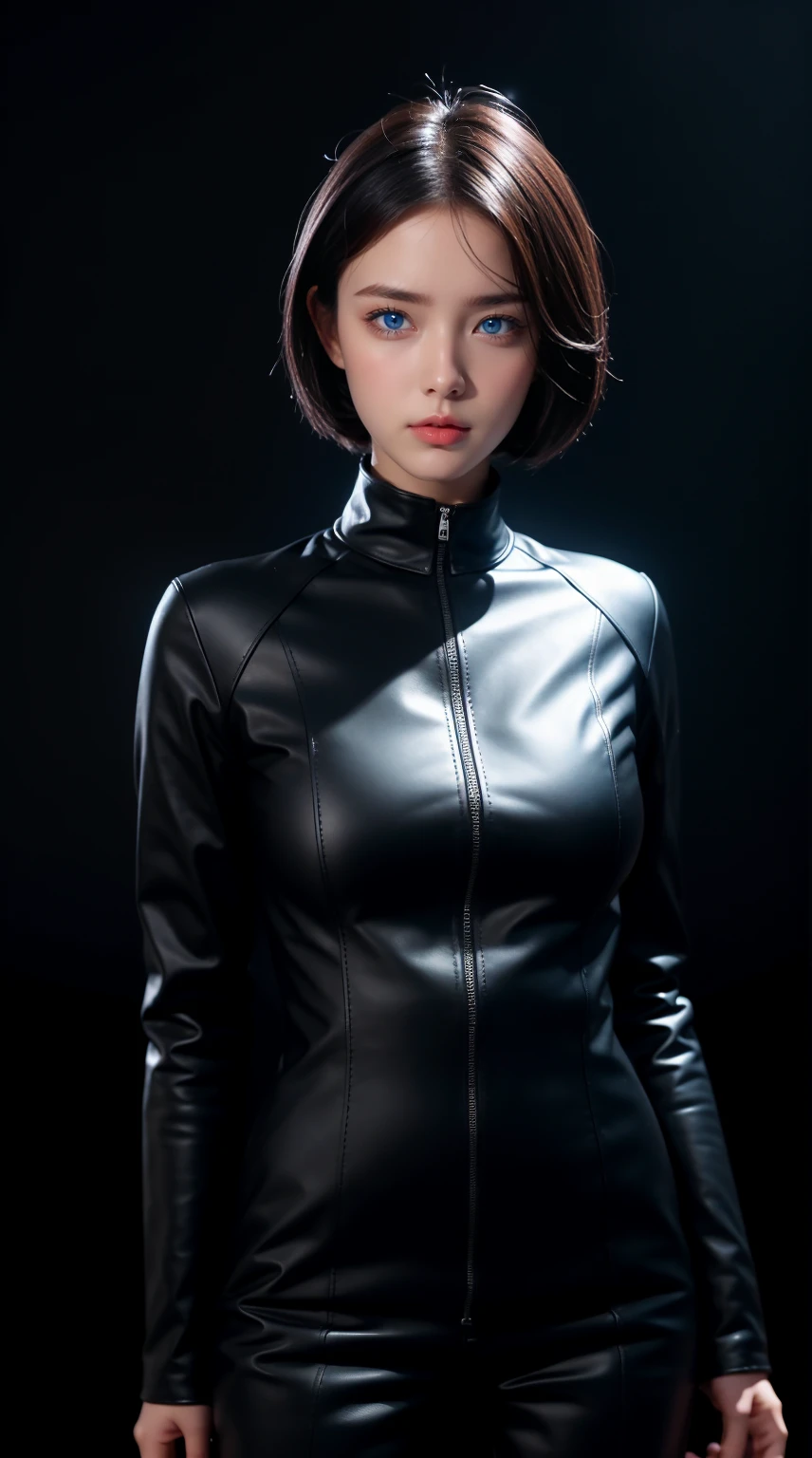 Alita, Bblack hair, eyes browns, eyes large, upper part, latex blouse, looking at the spectator, ssmile, Metal body, best qualityer, cinematic quality