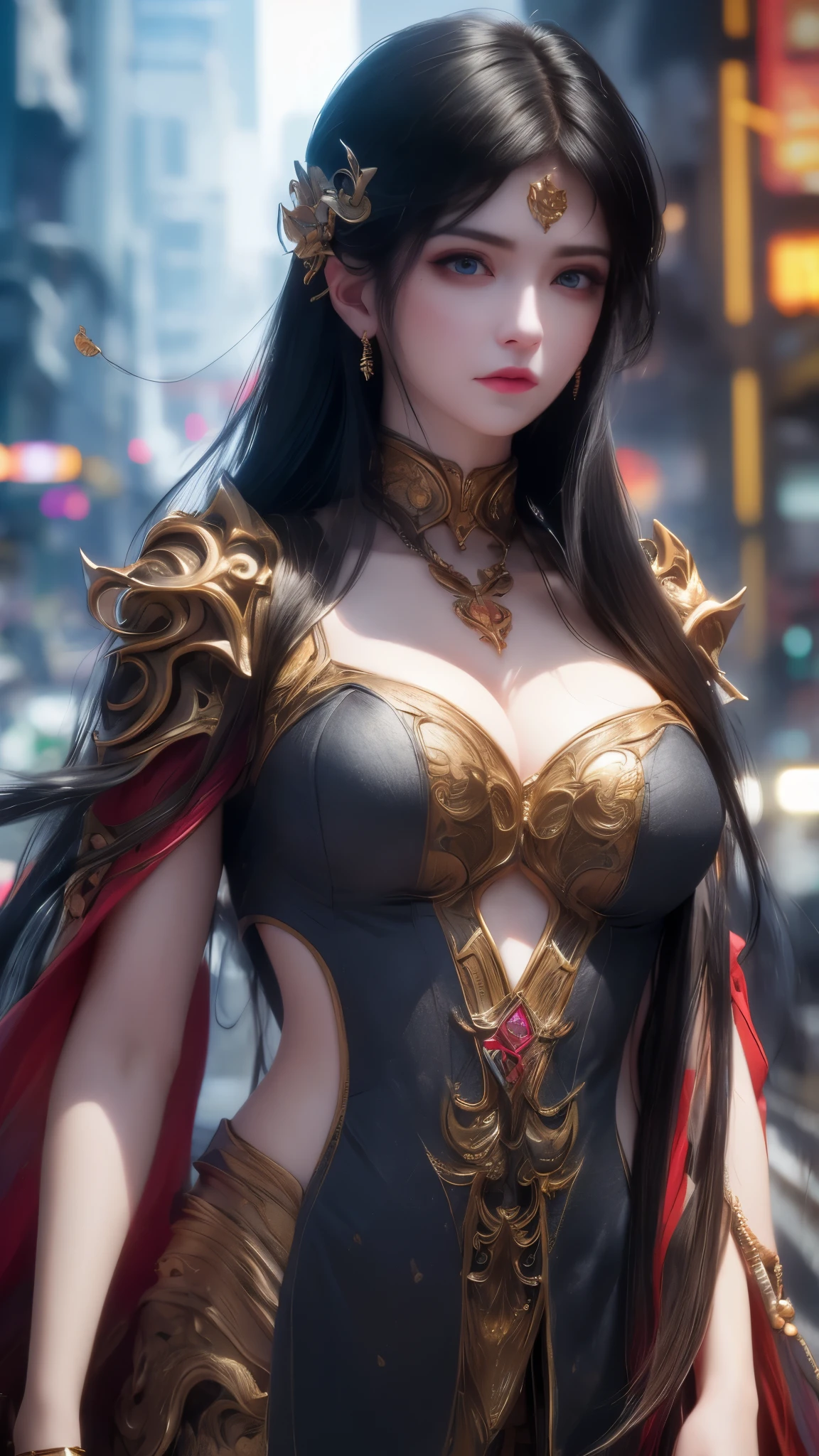 8K, Best Quality, Masterpiece:1.2), (Realistic, Photo Realistic:1.37), Ultra Detail, Best Quality, Ultra High Resolution, Professional Lighting, Photon Mapping, Radio City, Physically based rendering, Cinematic lighting, pedestrian street, Depth of field in rain, Sharp focus,Sunbeams, good composition,(Bokeh:1.2) 1girll,Solo,(see close up), Beautiful detailed eyes, Cold face, Posture, Narrow waist, Medium bust, (Random colorful clothes), Black hair, Messy hair, long hair floating in the wind, (Ulzzang- 6500:1.2)