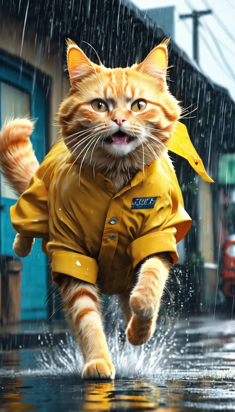Poor orange cat, old pants, a yellow shirt running by the owner of the chase, heavy rain, wind, strong thunder, 8k, photo, illustration, 3d render, typography, cinematic, poster