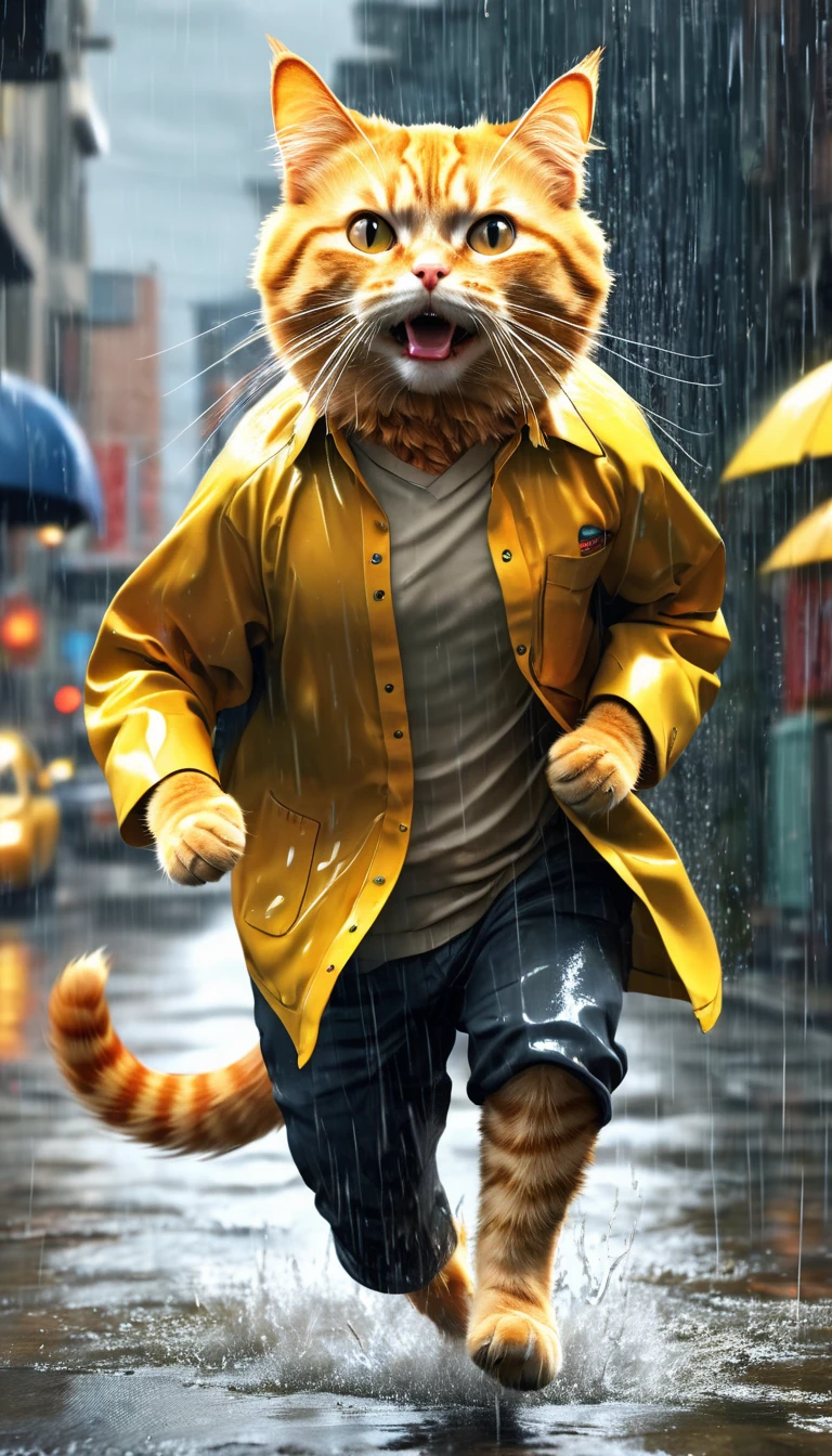 Poor orange cat, old pants, a yellow shirt running by the owner of the chase, heavy rain, wind, strong thunder, 8k, photo, illustration, 3d render, typography, cinematic, poster