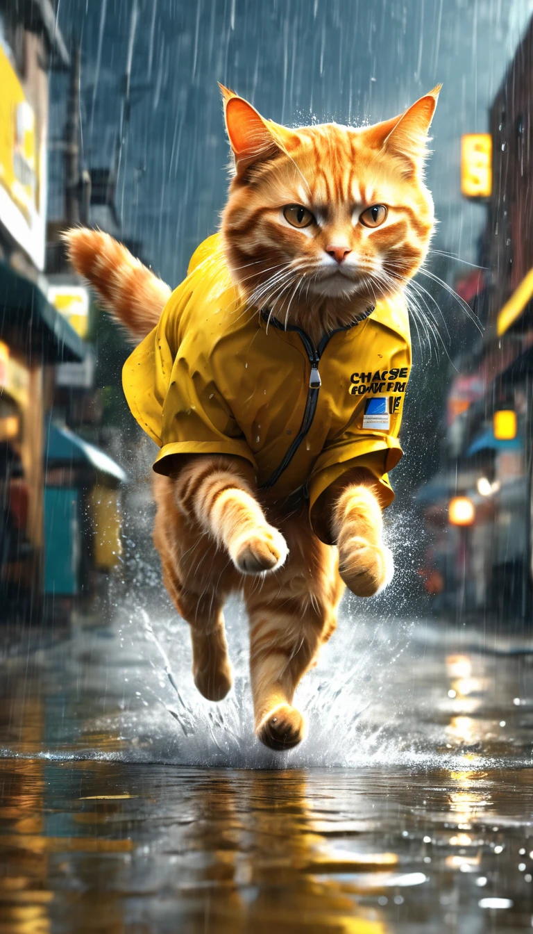 Poor orange cat, old pants, a yellow shirt running by the owner of the chase, heavy rain, wind, strong thunder, 8k, photo, illustration, 3d render, typography, cinematic, poster