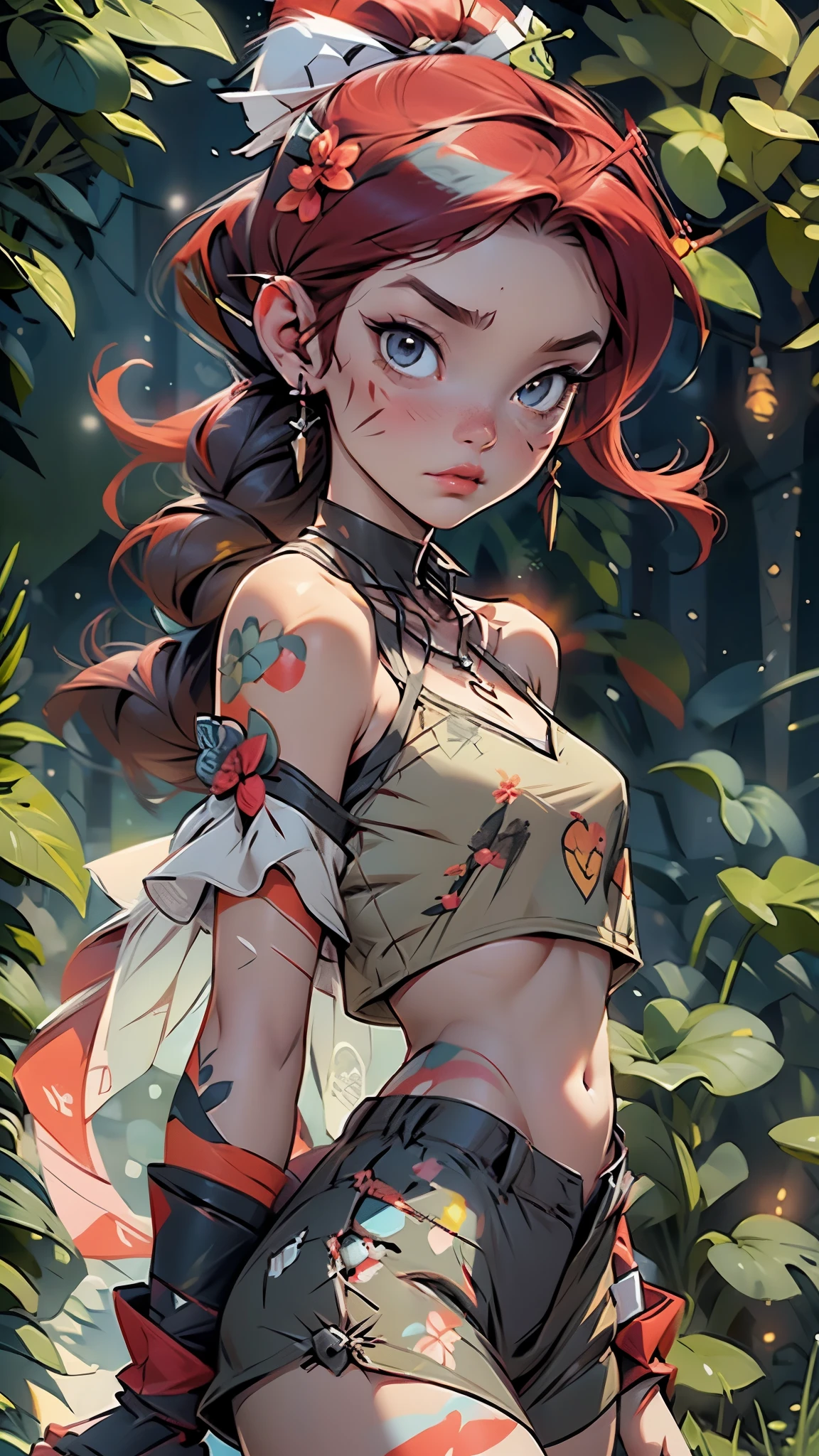 (rwby style clothes), (combat clothes),neeko, facial marks, hair ornaments, hair flower, necklace, brown shorts, crop top, Lizard tail, body paint, multicolored skin,Sally from The Nightmare Before Christmas ,patchwork ,Sally, light blue colored skin, stitches on body, long red hair, stiched face, patchwork dress, red lips , kind face, patchwork clothes,(nsfw:0.55), ((flat chested, flat stomach, baby face)), (intense colors) 