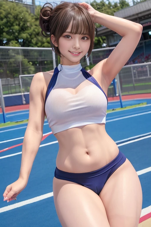 (masterpiece:1.3), (8K, reallistic, Raw photography, Top image quality: 1.4), Japan high school girls、(Random hairstyles:1.2)、maikurobikini:1.2、Super Detail Face、Eye of Detail、double eyelid、Lean forward to bring your chest closer、sharp focus:1.2、prety woman:1.4、light brown hair、top-quality、masterpiece、超A high resolution、(reallistic:1.4)、Highly detailed and professional lighting smile、Background of the playground、Track and field athletes stretching、Tight white crop top、Light blue racing shorts、Shining sweat、a baby face、slender、serious facial expression、short-haired、Strong thighs、Sareme、Tight slim waist