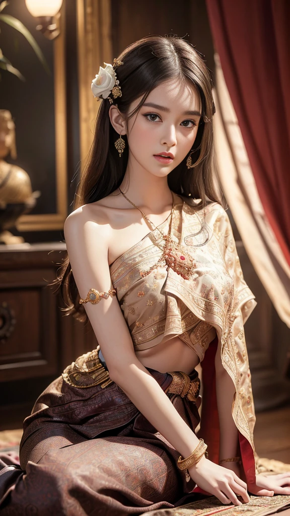 (raw photos:1.2), (realistic:1.4), (Masterpiece:1.3), (best quality:1.4), Ultra high resolution, (Detailed eyes), (Detailed facial features), (Detailed clothing features), HDR, 8K resolution, Focus only, Dressing according to Thai tradition, Traditional shawl , 1 woman , big breasts, A gigantic rift, big breastsดันเสื้อผ้า, big breast, Breasts are fully grown., Make your breasts bigger.., small waist, Long legs, Facing the audience, Full body, depth of field, Cinema-grade lighting system, big breasts,  too big for your body, Showing a flat stomach, The lower half of the breast is visible., Sexy sitting position, Picture from a very low angle, Gestures that capture a man&#39;s heart,