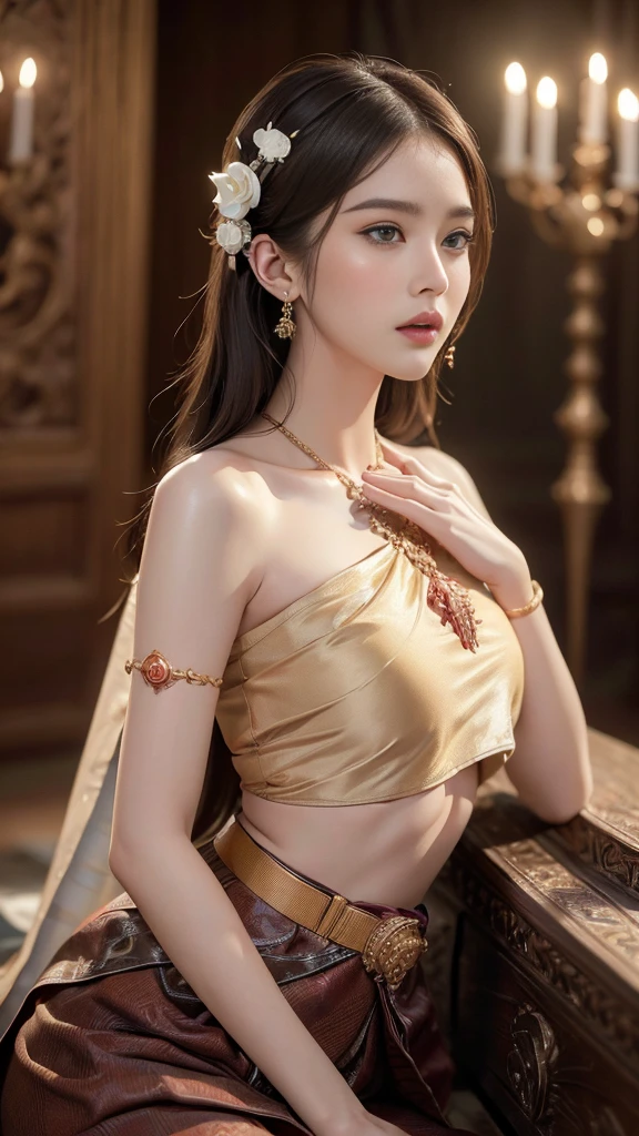 (raw photos:1.2), (realistic:1.4), (Masterpiece:1.3), (best quality:1.4), Ultra high resolution, (Detailed eyes), (Detailed facial features), (Detailed clothing features), HDR, 8K resolution, Focus only, Dressing according to Thai tradition, Traditional shawl , 1 woman , big breasts, A gigantic rift, big breastsดันเสื้อผ้า, big breast, Breasts are fully grown., Make your breasts bigger.., small waist, Long legs, Facing the audience, Full body, depth of field, Cinema-grade lighting system, big breasts,  too big for your body, Showing a flat stomach, The lower half of the breast is visible., Sexy sitting position, Picture from a very low angle, Gestures that capture a man&#39;s heart,