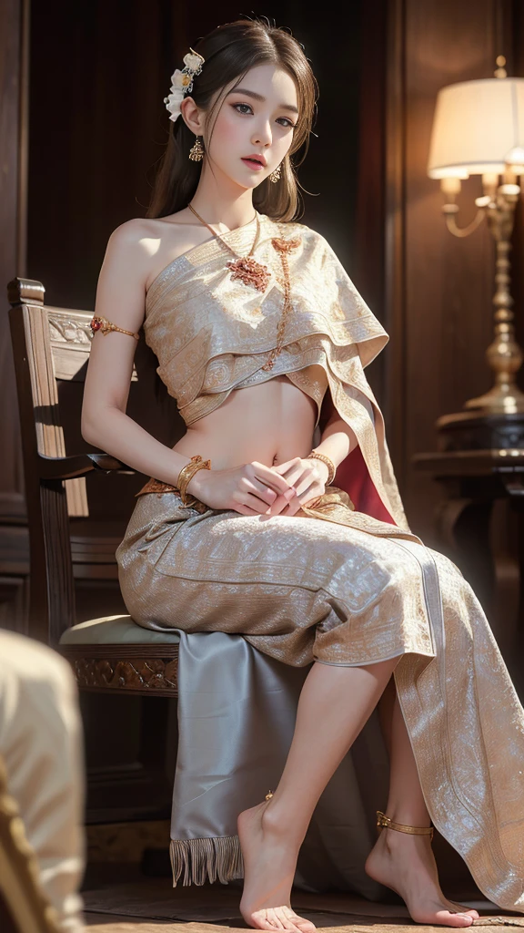 (raw photos:1.2), (realistic:1.4), (Masterpiece:1.3), (best quality:1.4), Ultra high resolution, (Detailed eyes), (Detailed facial features), (Detailed clothing features), HDR, 8K resolution, Focus only, Dressing according to Thai tradition, Traditional shawl , 1 woman , big breasts, A gigantic rift, big breastsดันเสื้อผ้า, big breast, Breasts are fully grown., Make your breasts bigger.., small waist, Long legs, Facing the audience, Full body, depth of field, Cinema-grade lighting system, big breasts, too big for your body, Showing a flat stomach, The lower half of the breast is visible., Sexy sitting position, Picture from a very low angle, Gestures that capture a man's heart,