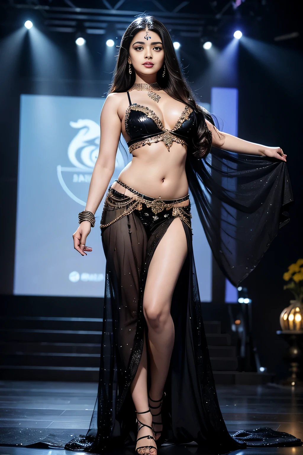 A beauty Aishwarya Rai on the stage, with frontal view and long black hair, wearing a dress belly dancer and displaying a big breast. The image should be super detailed with 4K resolution.