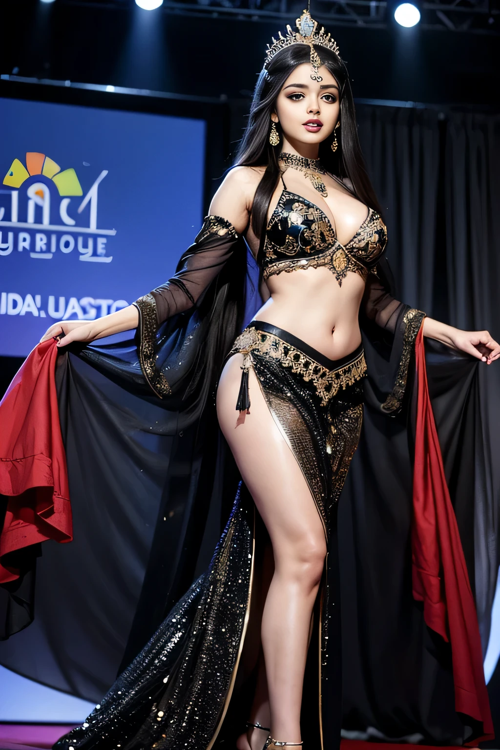 A beauty Aishwarya Rai on the stage, with frontal view and long black hair, wearing a dress belly dancer and displaying a big breast. The image should be super detailed with 4K resolution.