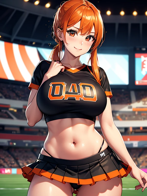 ((masterpiece, best quality, highres, UHD, perfect pixel, depth of field, 4k, RTX, HDR))), smooth texture:0.75, realistic texture:0.65, photorealistic:1.1, BREAK, realistic eyes, round eyes, with Lined eyelashes, sparkle in the eyes, Full limbs, full fingers, a beautiful woman, Beautiful Big Breasts, BREAK, with orange and black pompoms in hands, (visible black panties 0.5), orange hair, long pigtails, Cheerleader costume, Orange and black tops with team logo, Exposing belly, visible navel, orange miniskirt with black, black leggings on thighs, A big smile, BREAK, in a football stadium, sexy pose, Dance