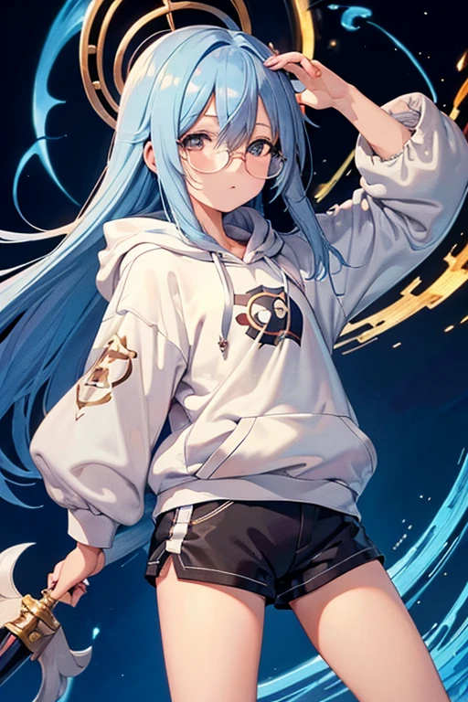 Angelic French doll, stocky, light colored hoodie, in short pants, blue hair ,messy long hair, (anime: 1.2), Wear glasses, asymmetrical bangs, (masterpiece: 1.2), Tengu, fortune teller, to face a headwind