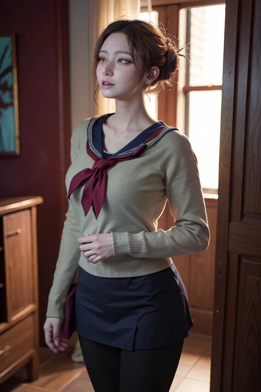 Fantasy art, photorealism, dynamic lighting, artstation, poster, volumetric lighting, very detailed faces, (official uniform: 1.4), long hair, sweater, delicate collarbone, bare shoulders, full breasts