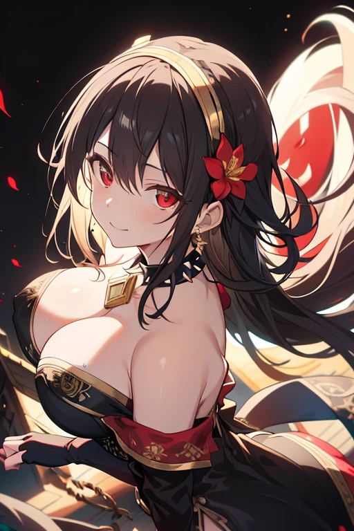 yor briar, anime style beutiful woman, 1girl, happy, sexy pause,(with sparkling eyes and a contagious smile:0.9),red face, closed mouth, beautiful detailed eyes, super detailed skin, backlighting, bare shoulders, black background, black dress, black gloves, black hair, breasts, dress, earrings, fingerless gloves, floating hair, floral print, flower, gloves, gold earrings, gold hairband, hair flower, hair ornament, hairband, holding, holding weapon, jewelry, large breasts, long hair, looking at viewer, off-shoulder dress, off shoulder,red eyes, short hair with long locks, sidelocks, solo, spikes, thighs, two-sided dress, two-sided fabric, weapon, fighting stance , face, close up, from above, highest quality, looking at viewer,high resolution.
