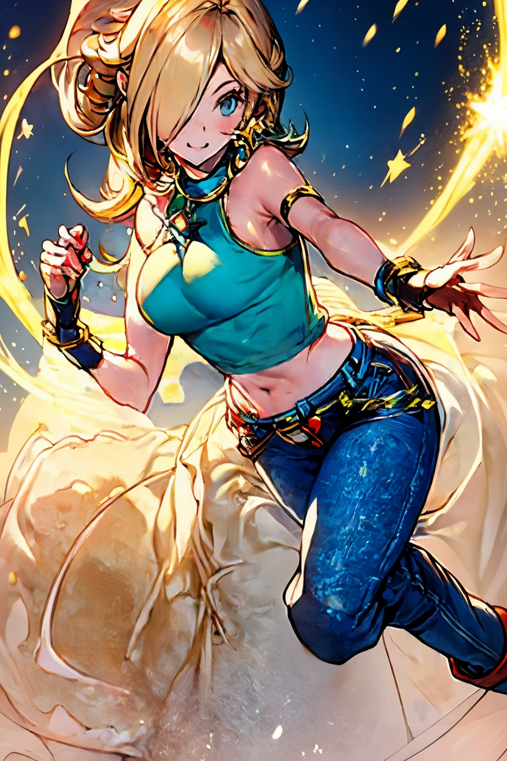 Rosalina, Rosalina wearing a red Top, jeans , Boots, Rosalina's golden hair flowing through air, ultra detailed face, fingerless gloves, fighting pose