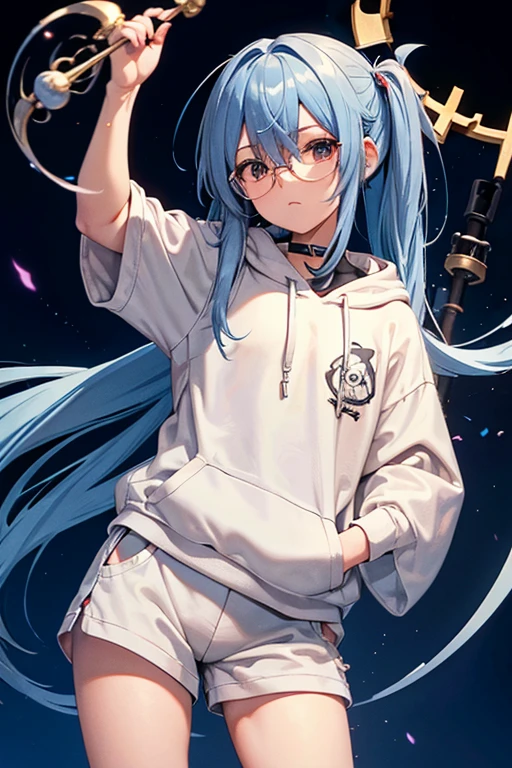 Angelic French doll, stocky, light colored hoodie, in short pants, blue hair ,messy long hair, (anime: 1.2), Wear glasses, asymmetrical bangs, (masterpiece: 1.2), Tengu, fortune teller
