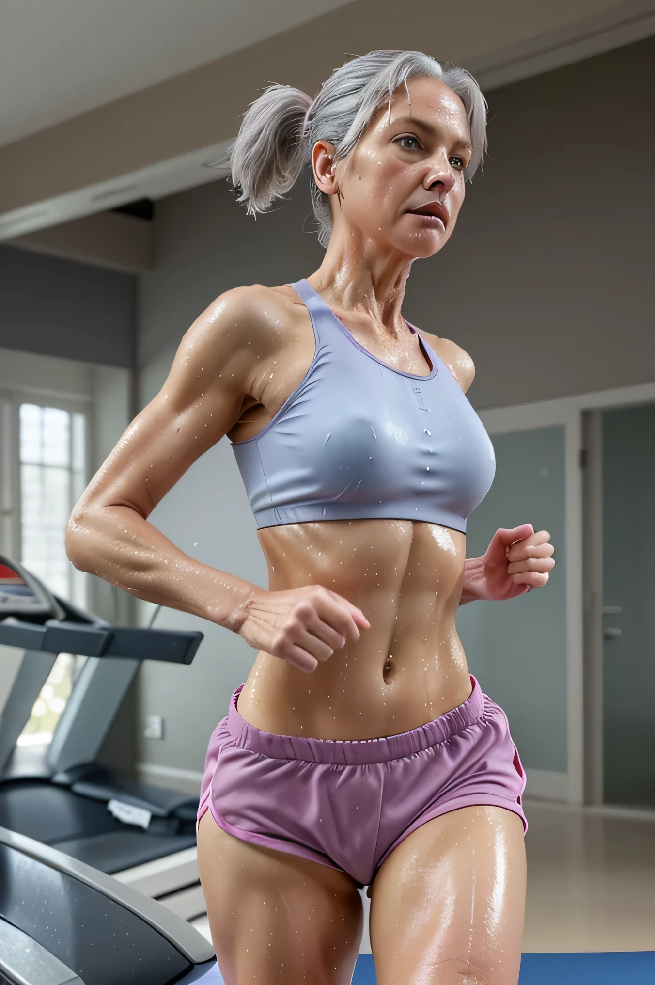 Masterpiece, 55 year old woman, gray hair, blue eyes, fit, wearing a pink sports bra and short shorts, wet skin, running on a treadmill, realistic, view from side