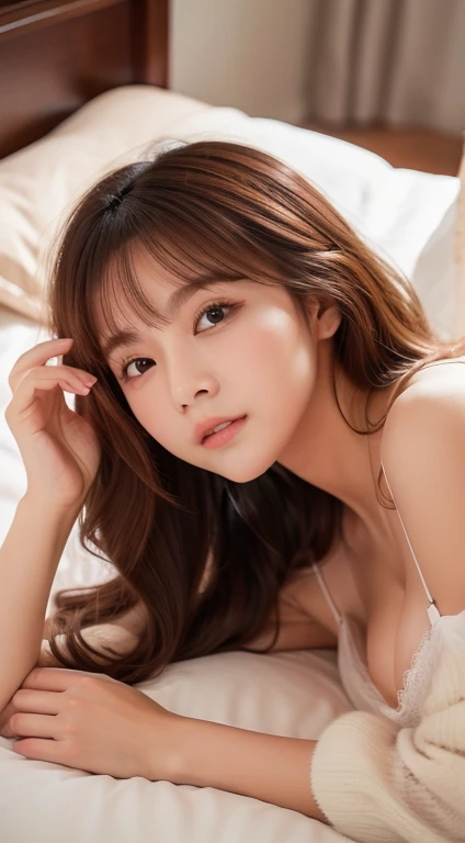 masterpiece,8K,highest quality,Super Resolution、Oversized nightwear、You can see the cleavage、Childish cuteness, Heartwarming, comfortable,Embarrassing, (masterpiece),Small breasts(:1.6),Intimate, morning, comfortable, Calm, Calm, quiet, Beautiful girl with perfect facial features,Lying in bed、Lying face down and resting chin on hand、The hairstyle and hair color change randomly.、