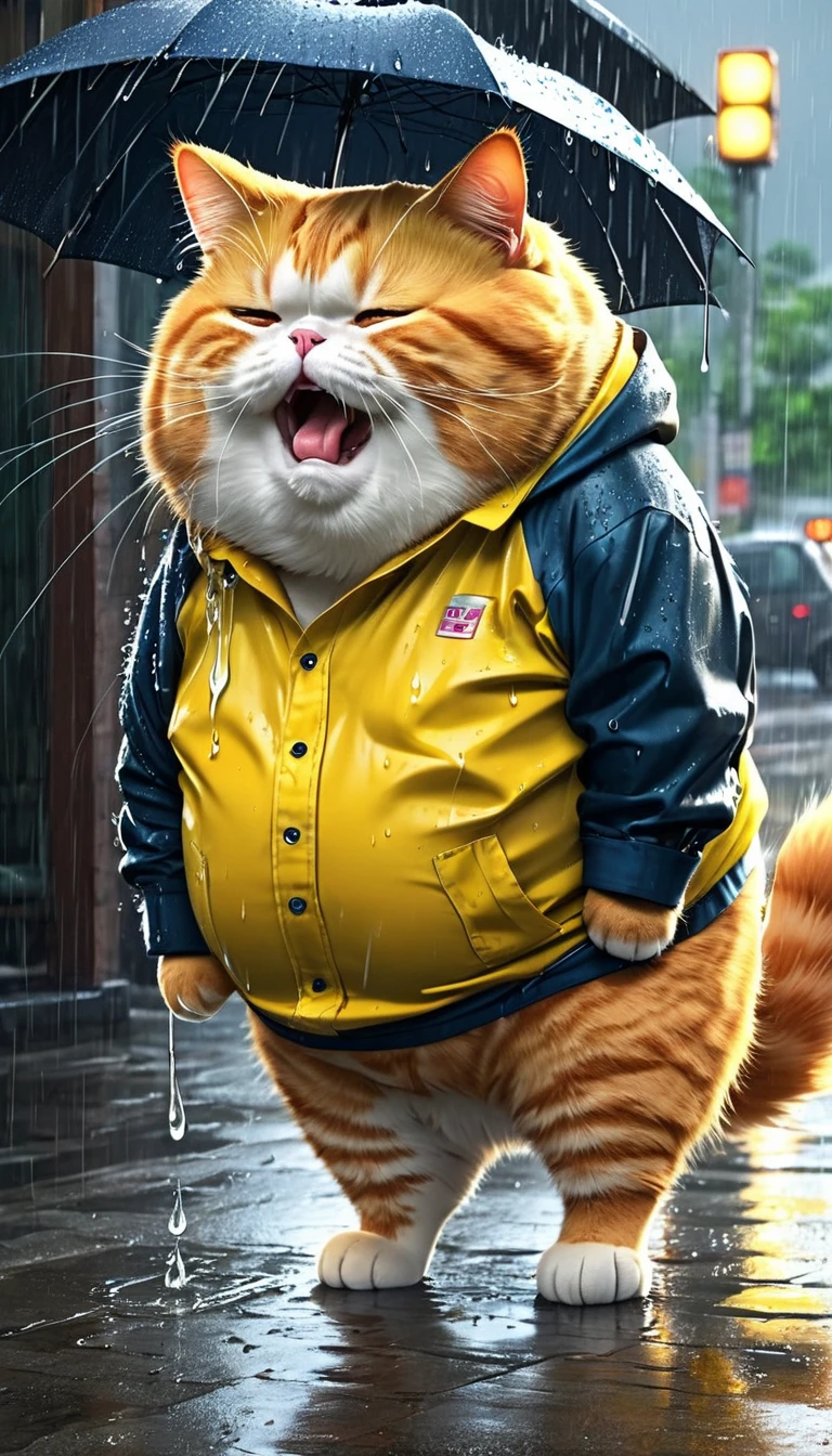 Fat orange cat, old pants, yellow shirt, crying, wiping tears, rain, thunder 8k
