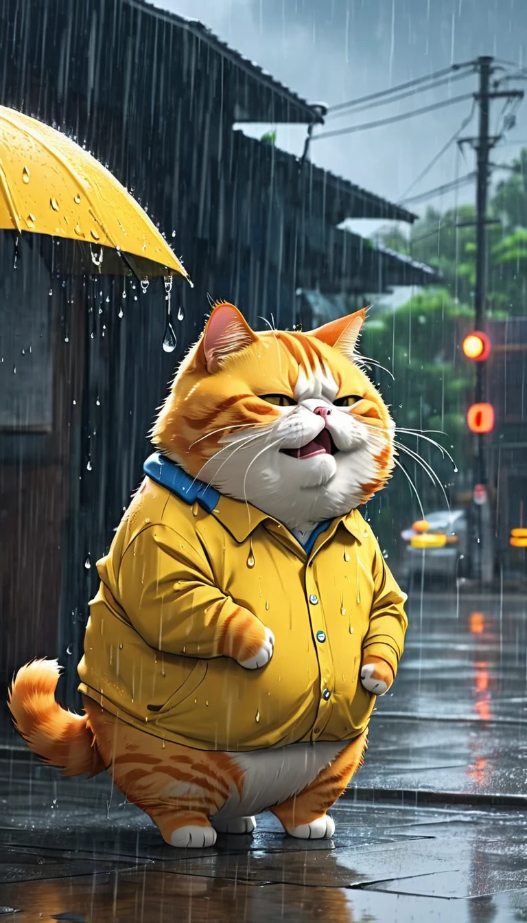 Fat orange cat, old pants, yellow shirt, crying, wiping tears, rain, thunder 8k