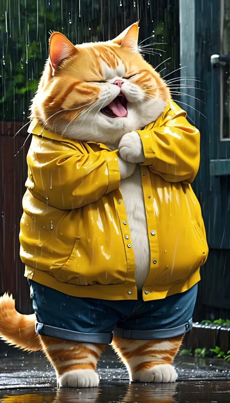 Fat orange cat, old pants, yellow shirt, crying, wiping tears, rain, thunder 8k