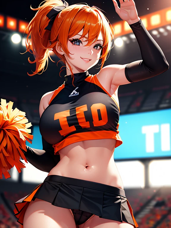 ((masterpiece, best quality, highres, UHD, perfect pixel, depth of field, 4k, RTX, HDR))), smooth texture:0.75, realistic texture:0.65, photorealistic:1.1, BREAK, realistic eyes, round eyes, with Lined eyelashes, sparkle in the eyes, Full limbs, full fingers, a beautiful woman, Beautiful Big Breasts, BREAK, (visible black panties 0.5), orange hair, long pigtails, Cheerleader costume, Orange and black tops with team logo, Exposing belly, visible navel, orange miniskirt with black, black leggings on thighs, A big smile, BREAK, in a football stadium, sexy pose, Dance with orange and black pompoms in hands, 