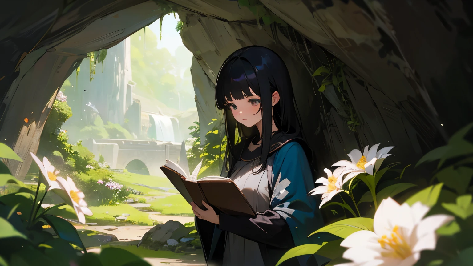 One girl, alone, black_hair, cave, Lush, Flowers, beautiful, Idyllic, Majestic, Absurd, Hyperrealism, texture, maximum_detailed, Digital SLR 、reading