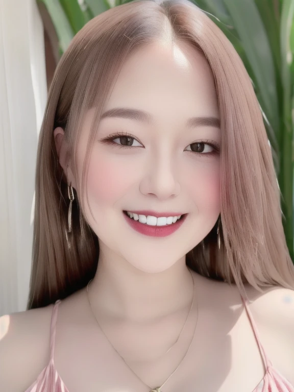 (realistic、masterpiece、Best Quality、8K、highres、high resolution:1.3)、1 girl、Huge breasts、smile, white bikini、pale white skin、looking at viewers、super fine face and eyes、long hair、indoor、 upper body、