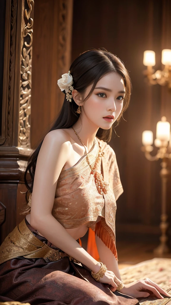 (raw photos:1.2), (realistic:1.4), (Masterpiece:1.3), (best quality:1.4), Ultra high resolution, (Detailed eyes), (Detailed facial features), (Detailed clothing features), HDR, 8K resolution, Focus only, Dressing according to Thai tradition, Traditional shawl , 1 woman , big breasts, A gigantic rift, big breastsดันเสื้อผ้า, big breast, Breasts are fully grown., Make your breasts bigger.., small waist, Long legs, Facing the audience, Full body, depth of field, Cinema-grade lighting system, big breasts, too big for your body, Showing a flat stomach, The lower half of the breast is visible., Sexy sitting or lying position, Picture from a very low angle, Gestures that capture a man's heart, stretch out, Body Reveal