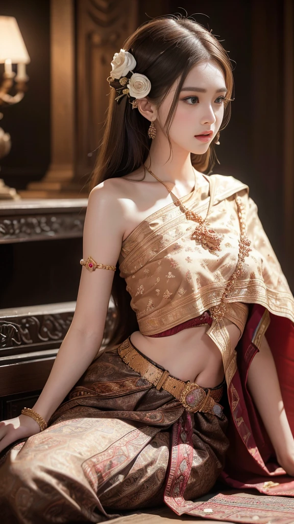 (raw photos:1.2), (realistic:1.4), (Masterpiece:1.3), (best quality:1.4), Ultra high resolution, (Detailed eyes), (Detailed facial features), (Detailed clothing features), HDR, 8K resolution, Focus only, Dressing according to Thai tradition, Traditional shawl , 1 woman , big breasts, A gigantic rift, big breastsดันเสื้อผ้า, big breast, Breasts are fully grown., Make your breasts bigger.., small waist, Long legs, Facing the audience, Full body, depth of field, Cinema-grade lighting system, big breasts,  too big for your body, Showing a flat stomach, The lower half of the breast is visible., Sexy sitting or lying position, Picture from a very low angle, Gestures that capture a man&#39;s heart, stretch out, Body Reveal