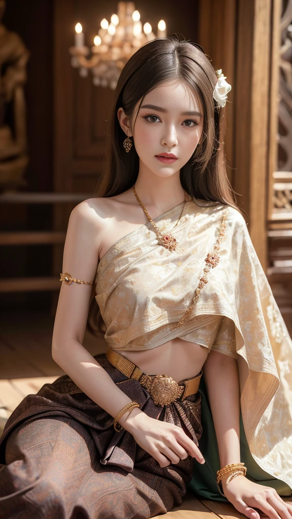 (raw photos:1.2), (realistic:1.4), (Masterpiece:1.3), (best quality:1.4), Ultra high resolution, (Detailed eyes), (Detailed facial features), (Detailed clothing features), HDR, 8K resolution, Focus only, Dressing according to Thai tradition, Traditional shawl , 1 woman , big breasts, A gigantic rift, big breastsดันเสื้อผ้า, big breast, Breasts are fully grown., Make your breasts bigger.., small waist, Long legs, Facing the audience, Full body, depth of field, Cinema-grade lighting system, big breasts, too big for your body, Showing a flat stomach, The lower half of the breast is visible., Sexy sitting or lying position, Picture from a very low angle, Gestures that capture a man's heart, stretch out, Body Reveal