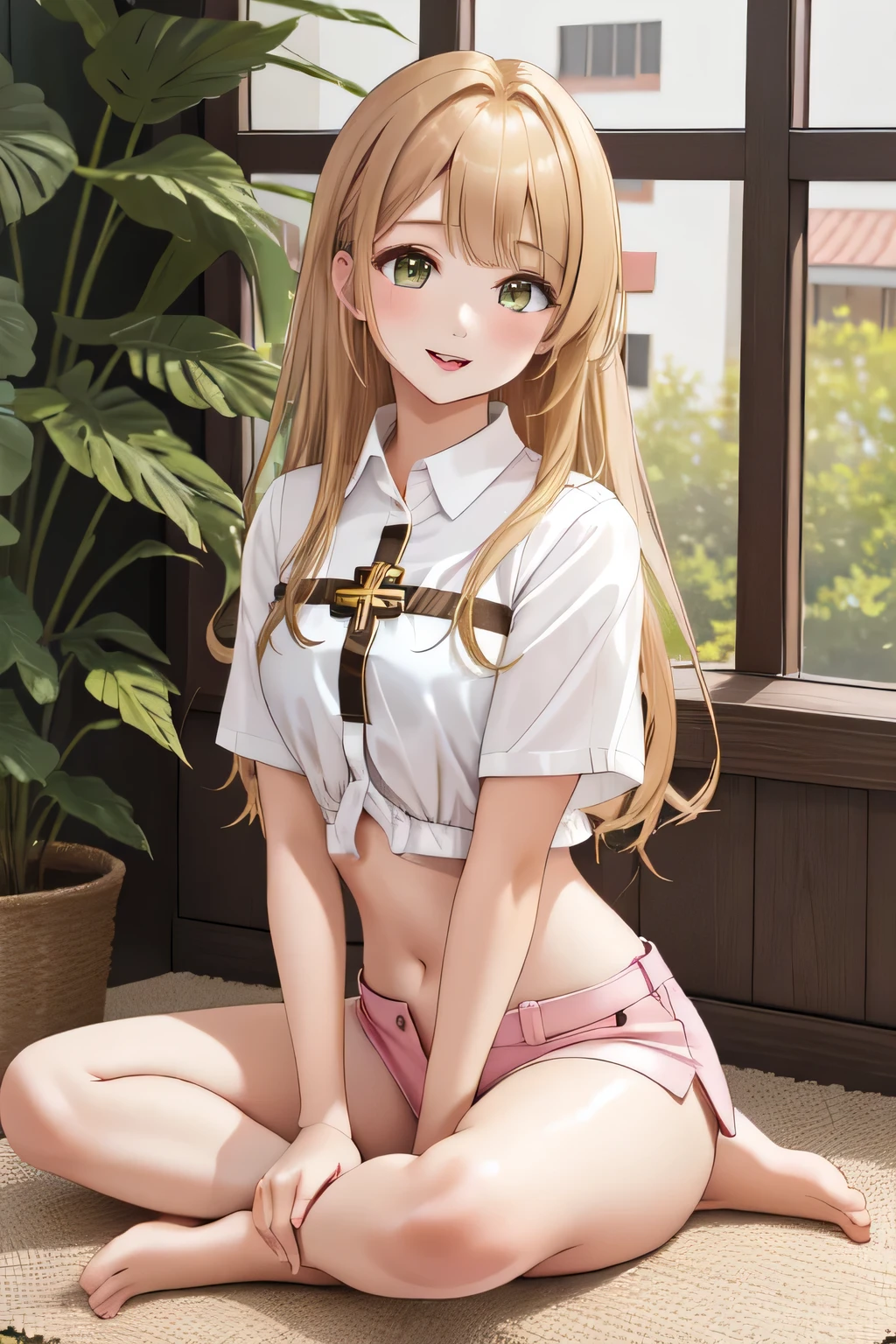 woman, Long brownish blonde hair,、Green Eyes,、White skin、Pink Lips、full body:1.5、hot pants、White thin shirt、Belly button、full body、Barefoot、fun、sitting cross-legged