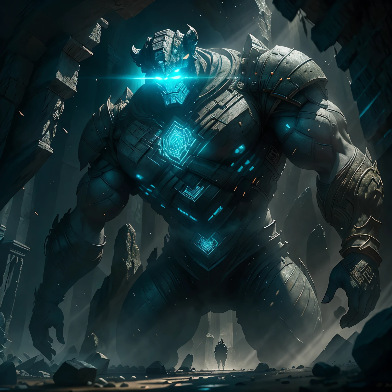 4K Ultra HD, Golem, Mythical Creature, Powerful, Stone Sculpture, Ancient, Textured Surface, Detailed Features, Glowing Eyes, Etched Runes, Intricate Design, Towering, Sunlight Reflecting, Dusty, Worn-out Clothes, Cracks and Weathering, Realistic Textures, Intense Lighting, Dramatic Shadows, Volumetric Effects, Masterpiece, Cinematic Presentation, Detailed Background of Ancient Ruins, Illusory Engine, Lifelike Animation, Emitting Warmth and Protective Energy.
The golem comes alive