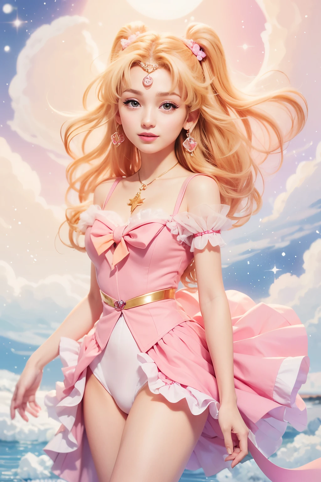 (a girl with sailor moon style),illustration, vibrant colors, magical atmosphere,sparkling eyes,long blonde hair,anime art,smiling expression,cute pose,cosmic background,moonlit night,fantasy world,sparkling stars,stylish outfit,tiara,moon scepter,heart-shaped brooch,wavy hair,flowing ribbons,powerful magical aura,moonlight shining on her,shimmering details,glowing transformation sequence,peaceful and confident,sailor guardian of love and justice,inspired by the iconic anime series. Create an illustration using the soft and ethereal qualities of watercolor. Beautiful pink skin anime model full body, sun-bathing on floating cloud along the suns surface, enticing eyes, curly hair dreamy, background thick clouds,, hyperdetailed, detailed, (masterpiece) . high fashion, luxurious, extravagant, stylish, , opulent, elegance, stunning beauty, professional, high contrast, detailed, Depict a dreamy, whimsical scene with elements that seem to merge with the background