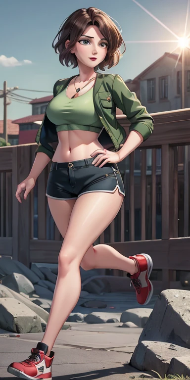 (best quality:1.4),(shiny skin), body focus, (Mature face), (((best quality))), illustration, Beautiful body, Cass Hamada, ,perfect lighting, Colorful, Bright_Front_face_Lighting, ultra high res, highres, absurdres:1.2, bokeh:1.2, lens flare, (vibrant_color:1.2), (Beautiful, medium breasts:1.2), (thick thighs:1.1), (42 years old:1.2), Aunt Cass, Aunt Cass Big Hero 6, MILFs, one woman, Mature female, brown hair, mid-length wavy hair, big green eyes, pale skin, round face, arrogant smile, thin eyebrows, ((Wearing crop-top, jacket and shorts)), silver necklace with a pendant, wrinkles, red lips, short hair, dynamic pose, very adventurous, (detailed background),detailed landscape, (full body portrait:1.2), (dynamic pose:1.2), wide shot, daylight,