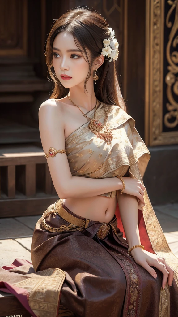 (raw photos:1.2), (realistic:1.4), (Masterpiece:1.3), (best quality:1.4), Ultra high resolution, (Detailed eyes), (Detailed facial features), (Detailed clothing features), HDR, 8K resolution, Focus only, Dressing according to Thai tradition, Traditional shawl , 1 woman , big breasts, A gigantic rift, big breastsดันเสื้อผ้า, big breast, Breasts are fully grown., Make your breasts bigger.., small waist, Long legs, Facing the audience, Full body, depth of field, Cinema-grade lighting system, big breasts,  too big for your body, Showing a flat stomach, The lower half of the breast is visible., Sexy sitting or lying position, Picture from a very low angle, Gestures that capture a man&#39;s heart, Body Reveal