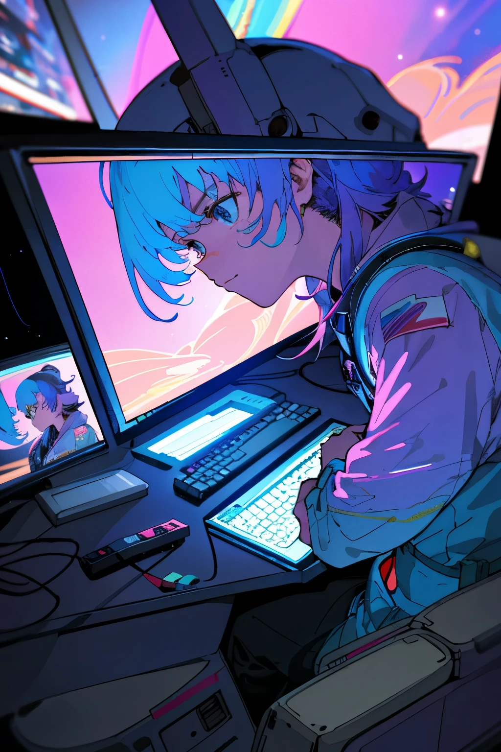 An isometric view of an anime space station, brimming with astronauts intently working on computers and engrossed in video games. In the backdrop, a captivating blue-purple gradient unfurls, reminiscent of Moebius and Josan Gonzalez's colorful cartoon styles. This meticulously crafted scene is captured with a Sony A7R IV camera, imparting a stunning level of detail and clarity akin to Katsuhiro Otomo's masterpieces. The hyperdetailed illustrations showcase the 2D game art style in its full splendor, with every pixel exuding the highest resolution. Close-up shots offer intrigu