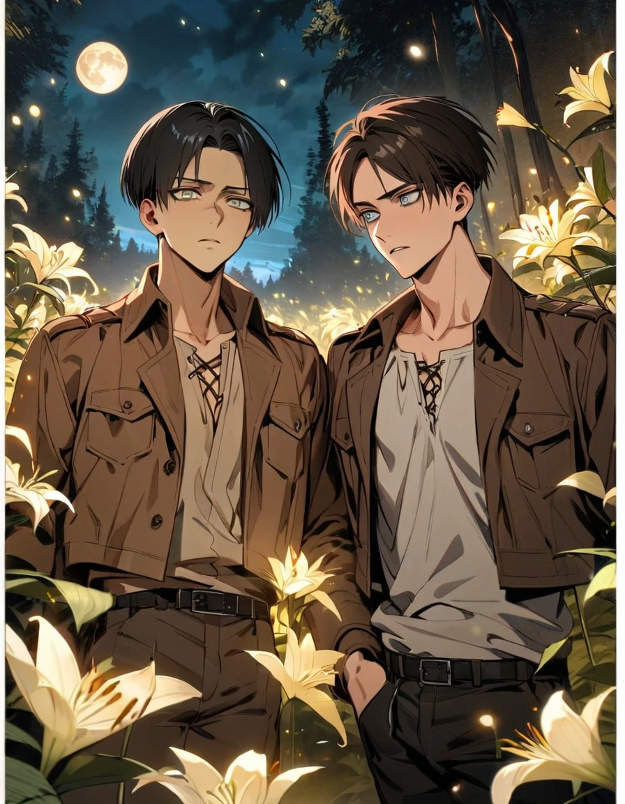 absurdres, highres, ultra detailed, HDR, masterpiece, extremely detailed face and eyes, Shingeki No Kyojin, two men together, sexy gay couple, handsome, Levi Ackerman together with Eren Yeager, Levi Ackerman, black hair under cut, expressive grey eyes, Eren Yeager, brown medium-length hair, expressive turquoise eyes, brown jacket, magical forest, shining trees, shinning fireflies, moon, lilies