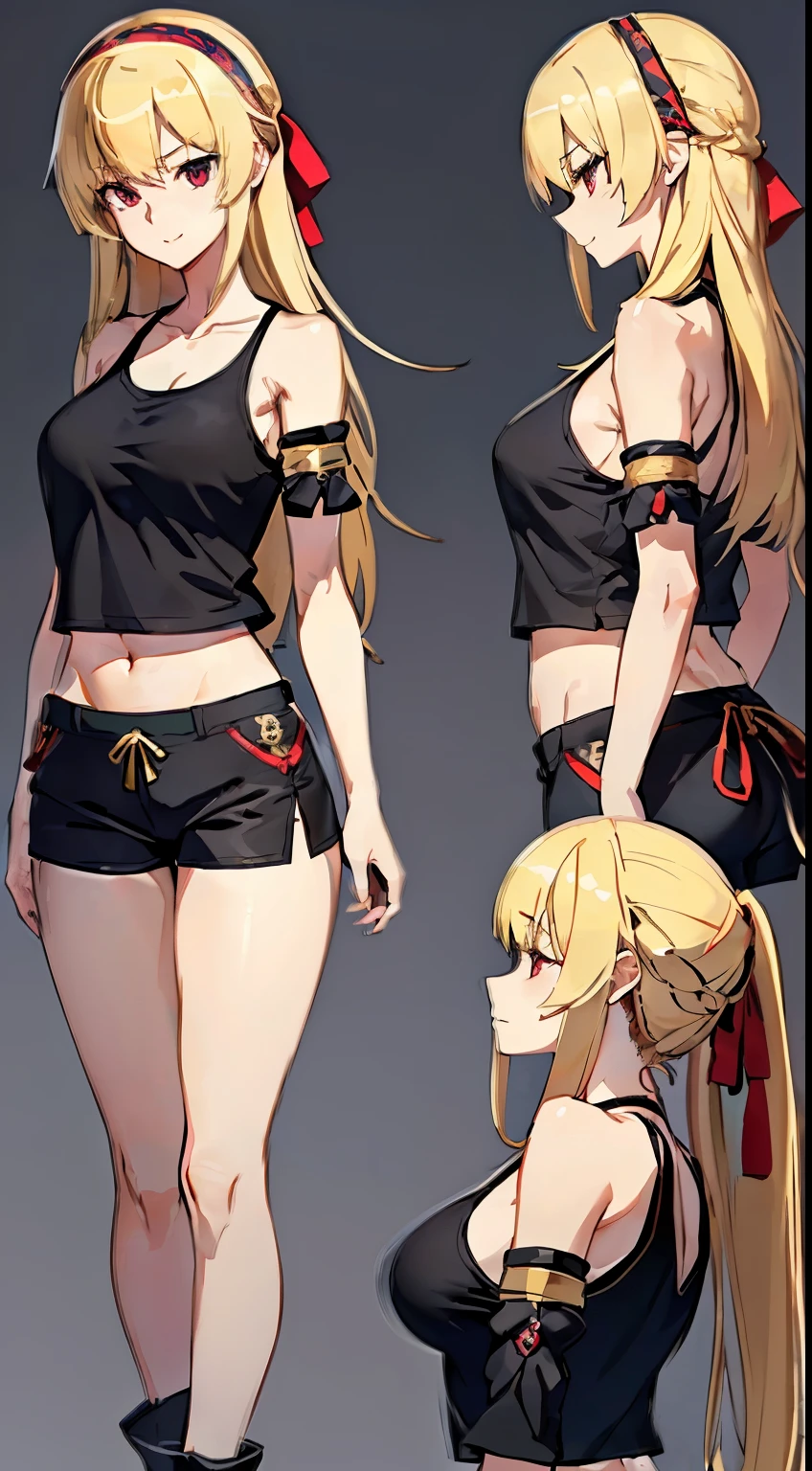 top-quality、Top image quality、​masterpiece、girl with((18year old、Blue navel tank top、Military pants、Best Bust、Bust 90、Blonde loin tail、Red Eyes、open chest wide、Valley、Happiness、A slender、ssmile、Black bandana、Survival knife、Survival Suit)）hiquality、Beautiful Art、Background with((Savage Club))、masutepiece、Elaborate design、visualart, A comprehensive model sheet for a character, including front view and side view, with detailed perspectives and angles