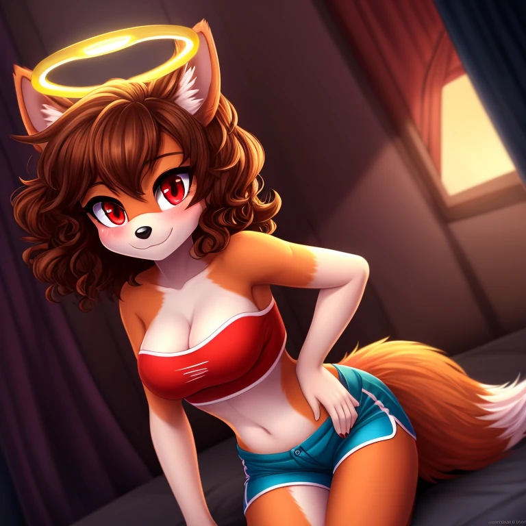 mobian, hedgehog, two-tone fur ((orange fur, brown fur)), pyjama elastic shorts, strapless crop top, cleavage, high-top sneakers, two-tone hair (brown hair, black tip)), curly hair, halo, sunglasses, jewelry, red eyes, longeyelashes, red eyes, smile, shy, blush, high detail, masterpiece, UHD, anatomically correct, super detail, highres, 4K