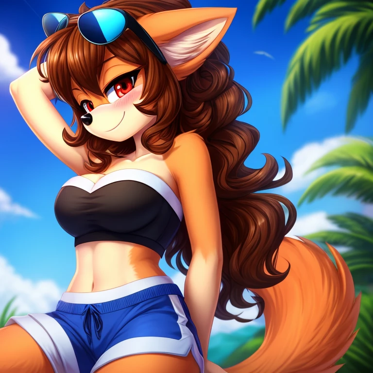 mobian, hedgehog, two-tone fur ((orange fur, brown fur)), pyjama elastic shorts, strapless crop top, cleavage, high-top sneakers, two-tone hair (brown hair, black tip)), curly hair, halo, sunglasses, jewelry, red eyes, longeyelashes, red eyes, smile, shy, blush, high detail, masterpiece, UHD, anatomically correct, super detail, highres, 4K