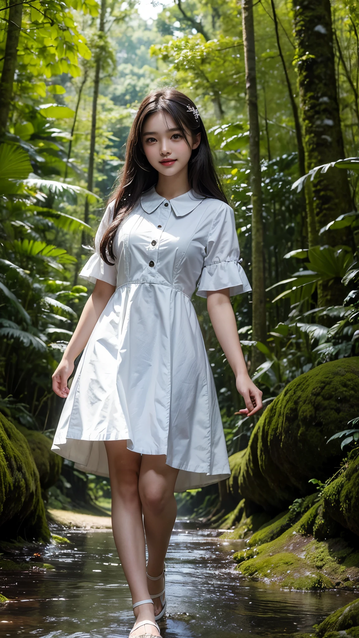 ((Masterpiece: 1.37)), 18 years girl, Asian Beauty Girl, A beautiful and cute girl, full body photo, extremely beautiful and delicate, black hair, sweet smile, (smile: 1.2), delicate beautiful fair skin, realistic, exquisite and complete facial features, detailed facial portrayal, flowing smooth hair, extremely delicate hair, soft temperament, face light, tall, thin, real, hyper-real, full-body lens, (Dress Women Kawaii Clothing Lolita Dress), ultimate picture quality, highest precision, accurate and perfect human body structure. Blue sky and white clouds, Rain forest, very dangerous forest, walking in middle of forest, sunlight,