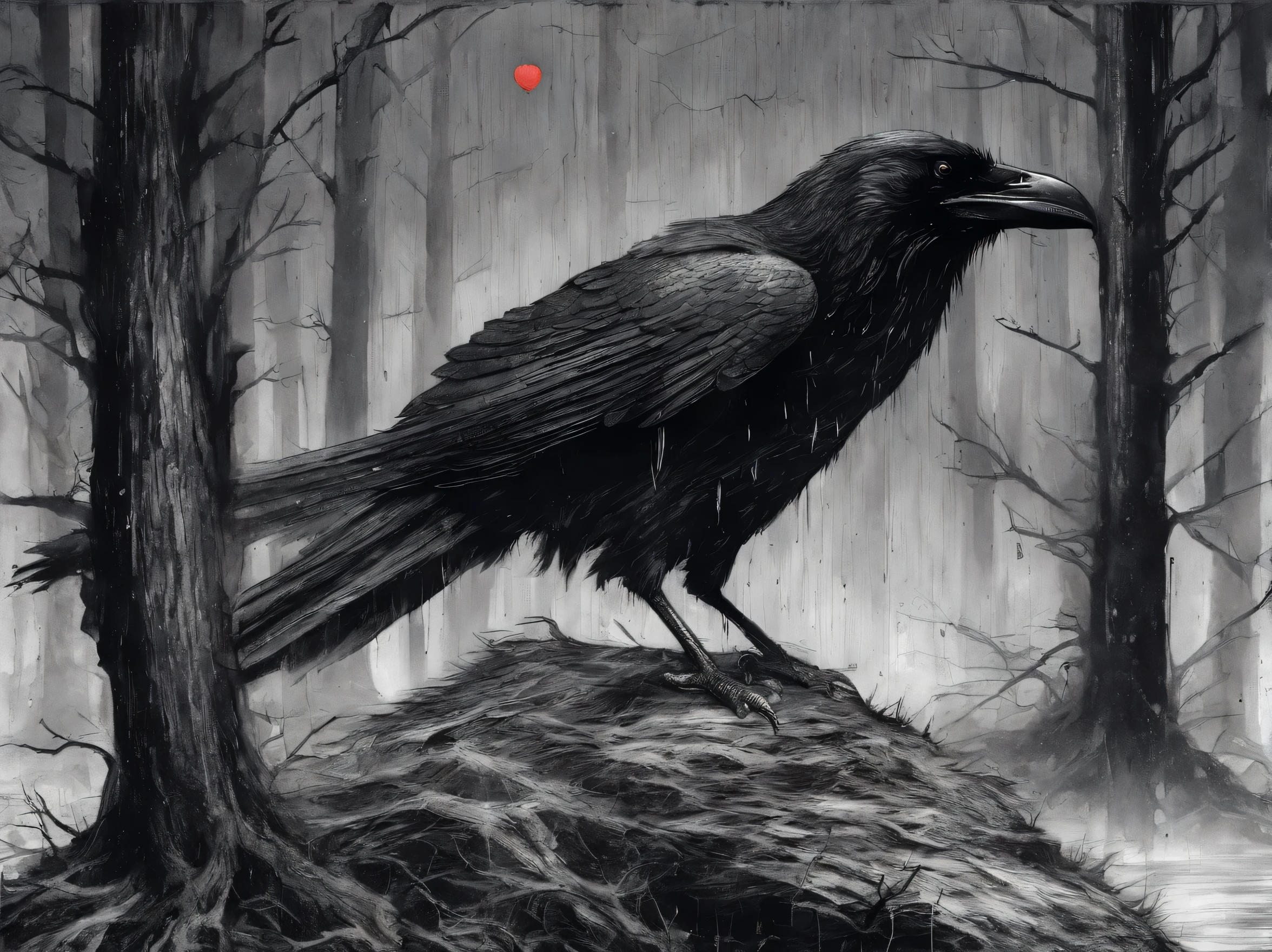 um grupo de corvos, reunir-se em torno de um (bright red heart painted with red paint) no centro da cena, borrado na chuva, Atmosfera preto e branco de uma floresta em tempo chuvoso, (estilo de lavagem de tinta), the representation of heavy rain and fog highlights the details of the landscape