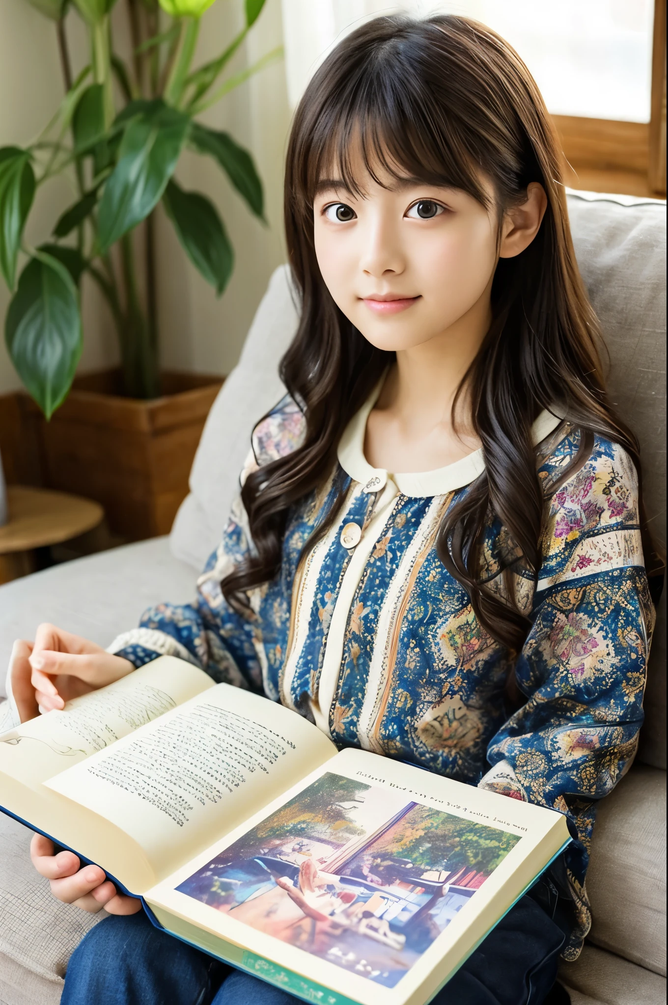 There is a person sitting on the sofa holding a book., Photo album, Children&#39;s books, Picture books for children, Art Cover, Children&#39;s books, Children&#39;s books cover, Official product images,, Advertising images, story book, With Japanese text, cute picture, Medium portrait, Children&#39;s illustrations,"(setting):(best quality),(masterpiece),(detailed),(ultra detailed),(insanely detailed),(ultra-quality),(highly detailed),(FHD)"