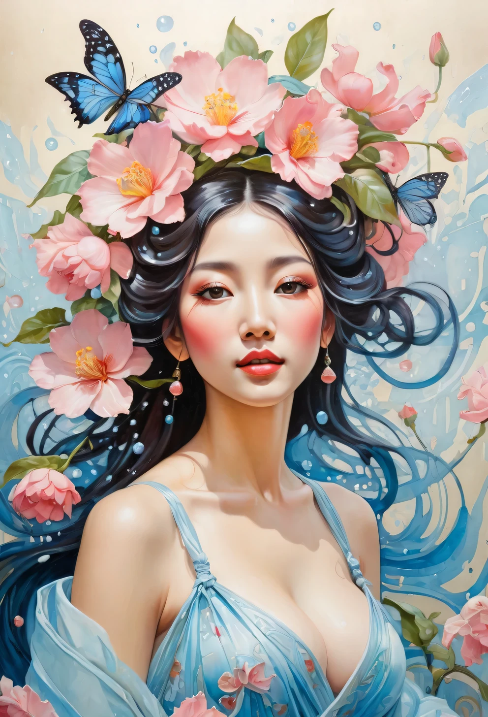 (oil painting:1.5), (NSFW:1.2), a woman joyfully twirling in the raining paint, 1girls,floral, Lycianthus ,In light pink and light blue styles..., Dreamy and romantic composition..., dripping flowers on her face, in the style of collage-based, made of insects, william wegman, colorism, white background, pencil art illustrations, national geographic photo, luxurious, extravagant, stylish, , opulent, elegance, stunning beauty, professional, high contrast, detailed, Depict a dreamy, whimsical scene with elements that seem to merge with the background, (Enfermeira usando roupas da segunda guerra mundial ),, Eduardo Kobra acolchoamento , Multidimensional geometric wall, retrato, arte, Chibi, (oil painting:1.5), (((masterpiece)), (best quality), (cinematic), art nouveau style watercolor painting , Chinese goddess, large breasts, big eyes, long thick eyelashes, cleavage, full lips, long thick hair, wide hips, high ponytail. Flower_background, featuring intricate designs and patterns in the style of Alphonse Mucha.