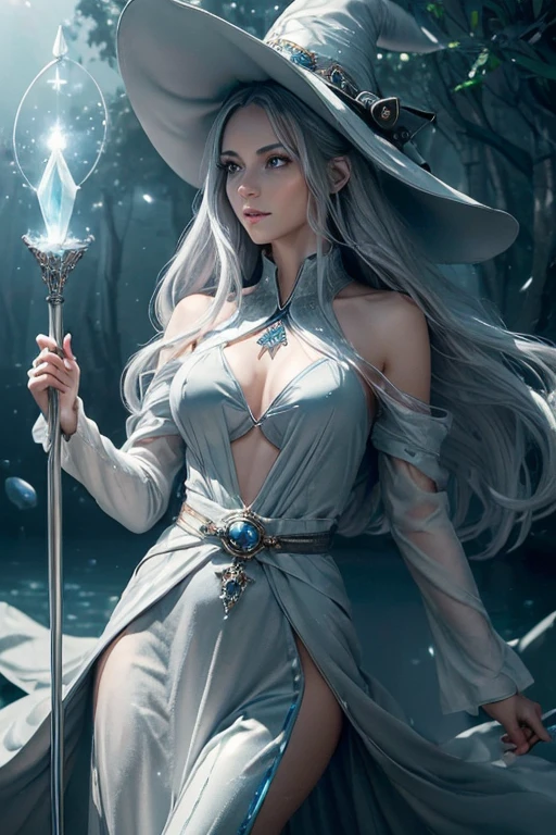 (master piece:1.8), (best quality:1.8), (exquisite lighting and shadow, highly dramatic picture, cinematic lens effect) 8k, wallpaper, looking at the viewer, female long silver hair waving in the air thin and tall young fantasy witch lady wearing a futuristic dark gray large tunic with white ornaments and very long tunic sleeves, large dress with white ornaments, white lines in dress, with a big light gray pointy magician hat with a big blue gem in the center, holding a middle magic staff with a big gem, thin waist, notorious hips, serious look in the eyes, beautiful eyes, beautiful lips, blue shiny energy lake background, blue glowing mist behind, blue stars, blue energy flying spots behind, ethereal lightning, sharp focus
