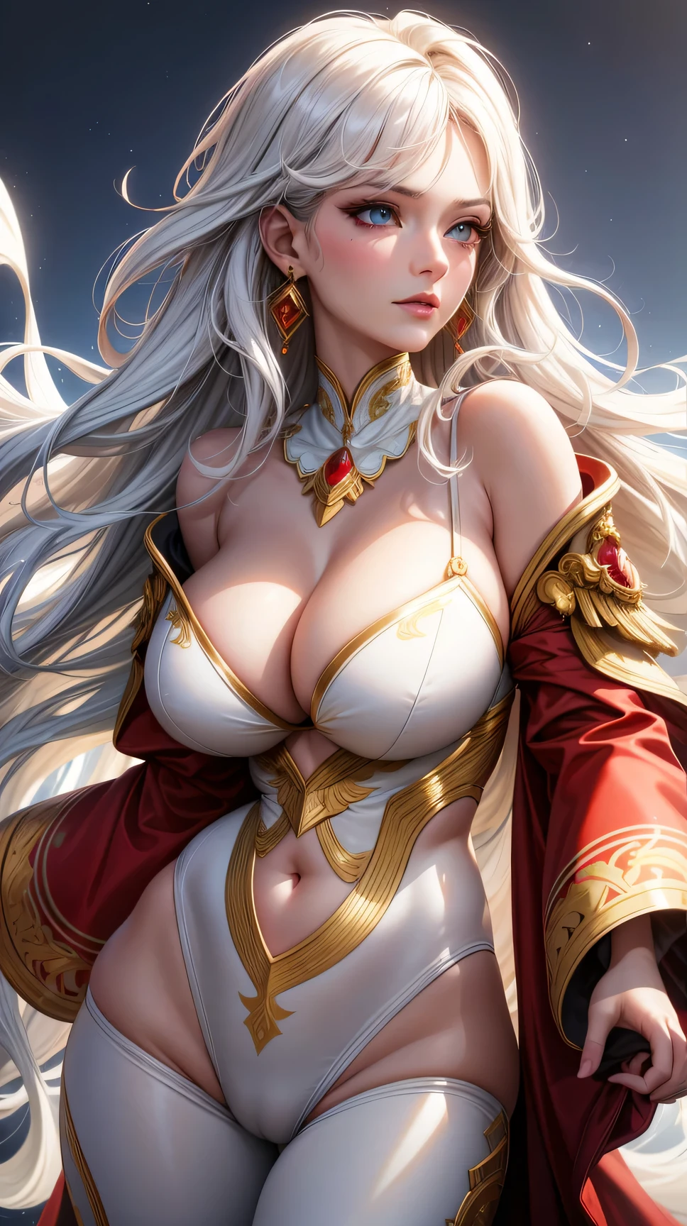 (best quality:1.5, highres, UHD, 4K, detailed lighting, shaders), white wavy haired, gradient hair, large breasts, red suit, red social long pants, mature woman , (pov), white background, colorful eyeshadow, dramatic lighting, sparkling eyes, sensual expression, golden earrings, flowing hair, delicate facial features, soft skin, high cheekbones, urban setting, white background, dont look for the camera, lean forward,
