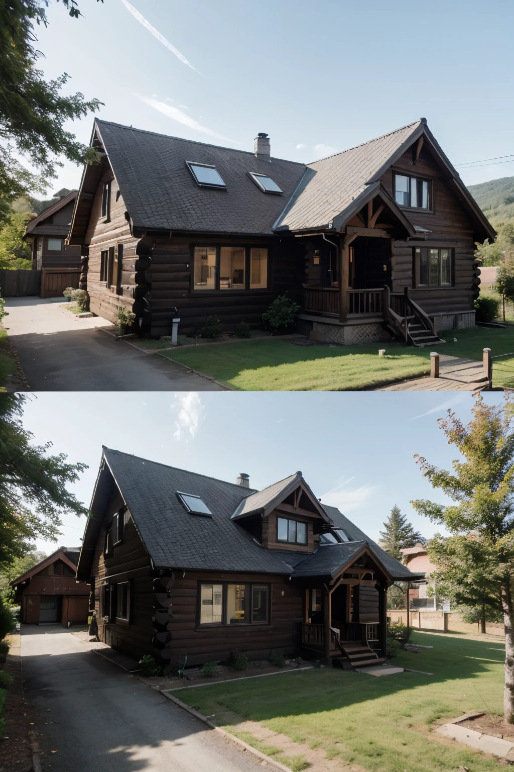 imagine the 3d exterior black scandinavian two stories mountain cabin in a big yard surrounded by trees
